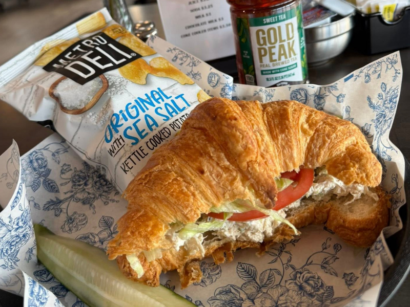 Chicken Salad sandwich with chips and an ice tea at Bridge Street Breakfast & Lunch